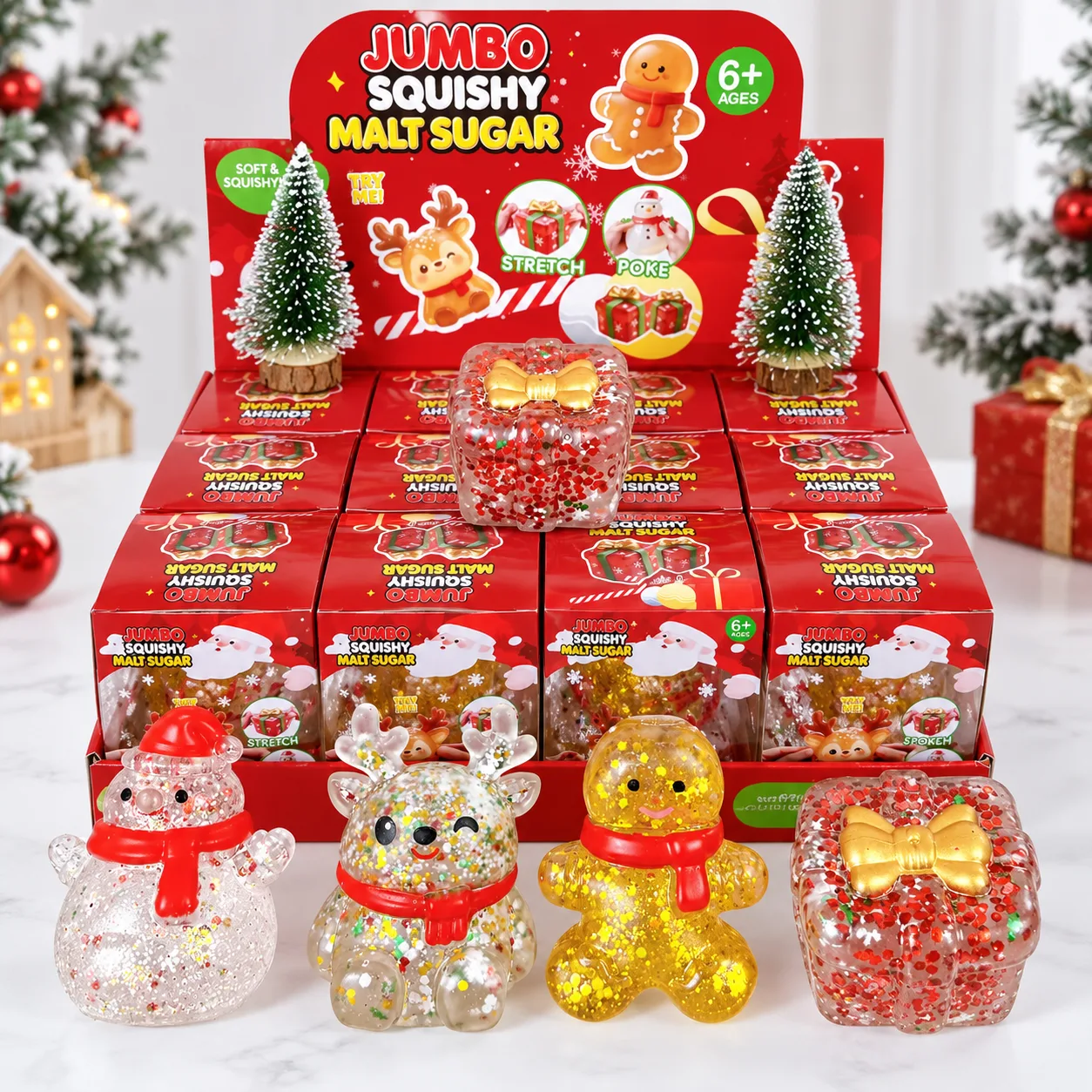 Christmas Glitter Squishy Toy Soft TPR Stress Relief Holiday Squeeze Toy