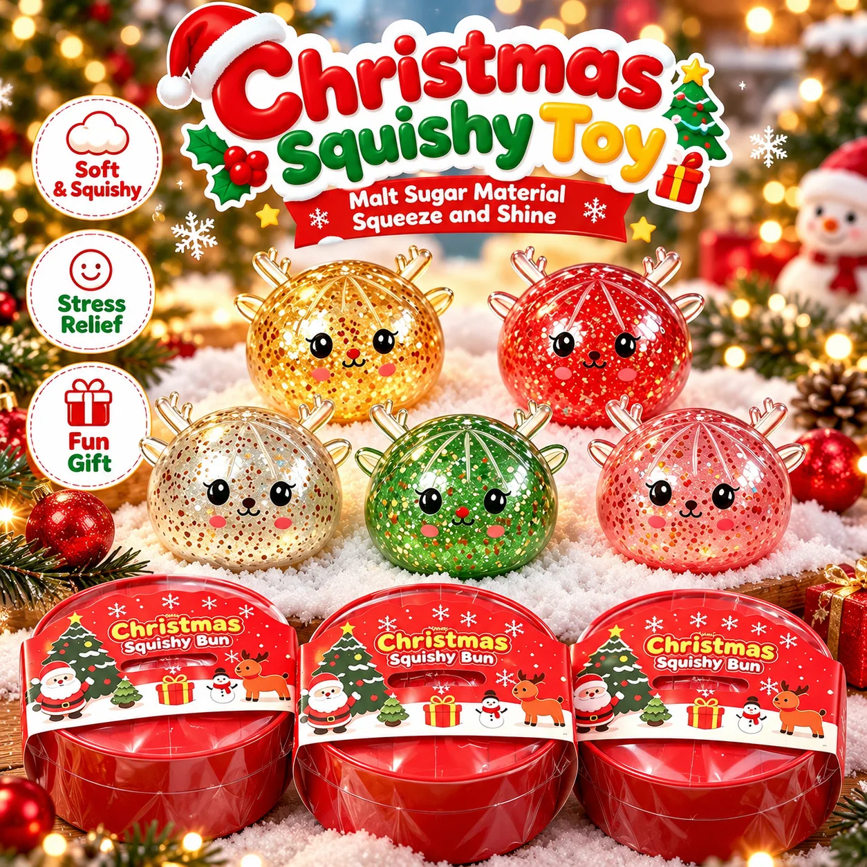 Christmas Reindeer Glitter Squishy Bun Stress Relief Toy Wholesale Squishy Toy 10