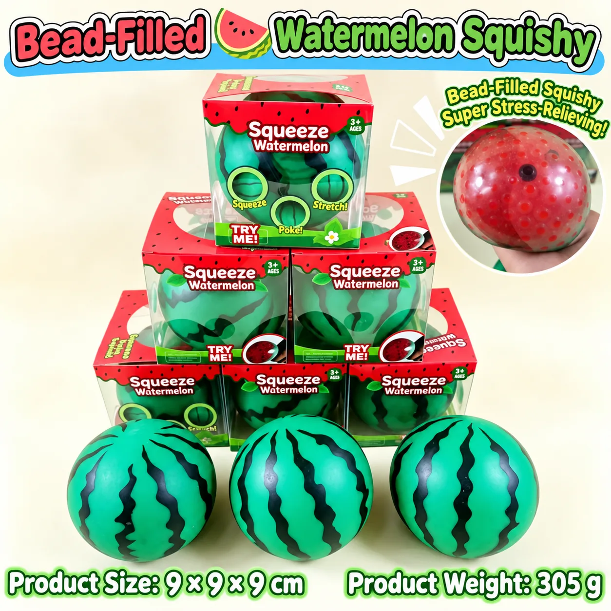 Large Bead-Filled Watermelon Squishy Toy Realistic Fruit Stress Relief Ball