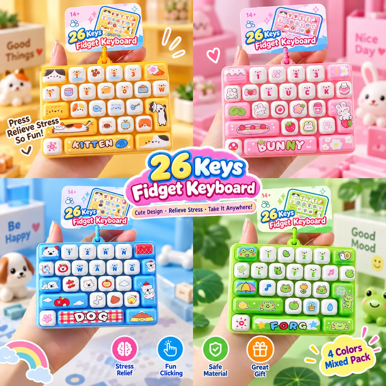 26-Key Fidget Keyboard Toy Keychain Animal Theme Stress Relief Squishy Keypad