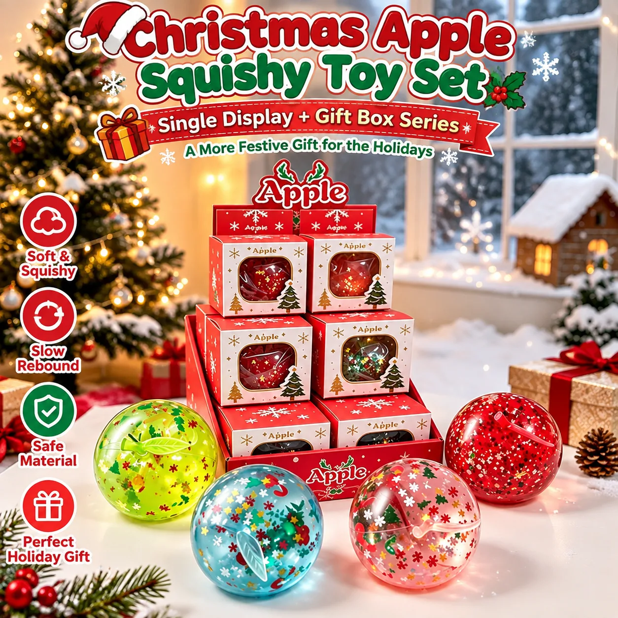Christmas Apple Squishy Toy with Glitter and Festive Designs Wholesale Squishy Toy 7