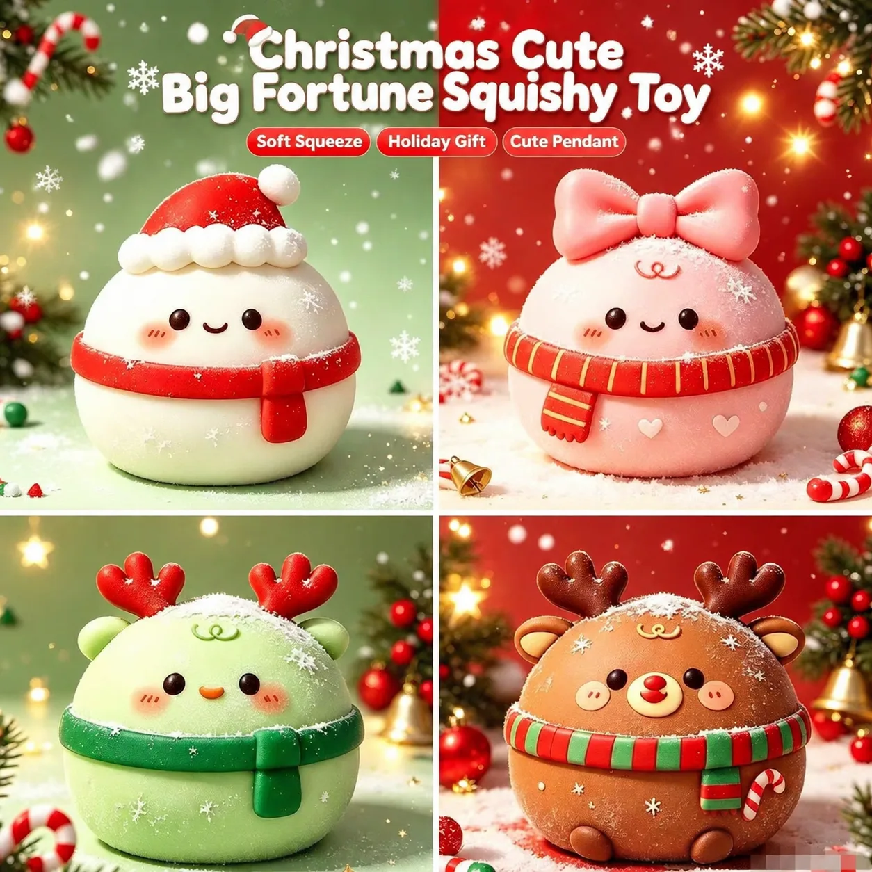 Christmas Mochi Squishy Toy Set Santa Bow Deer Reindeer Stress Relief Toy
