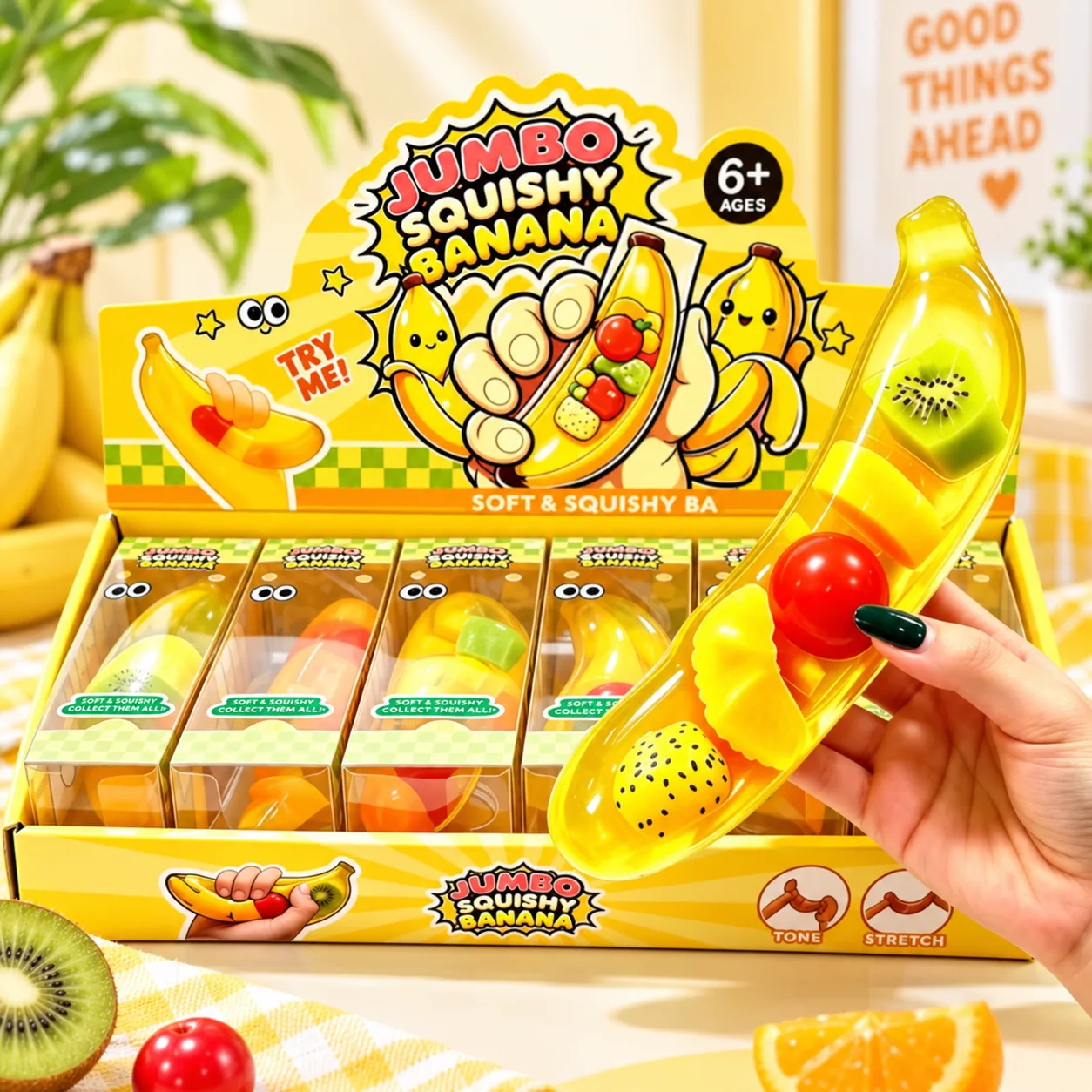 Banana Squishy Toy with Fruit Pieces Stress Relief Toy