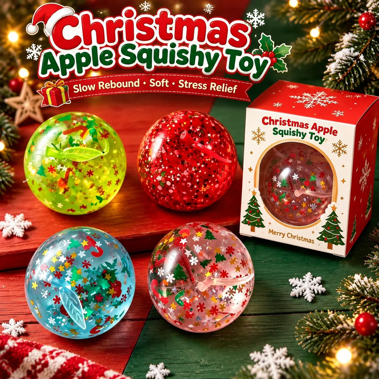 Christmas Apple Squishy Toy with Glitter and Festive Designs Wholesale Squishy Toy 6