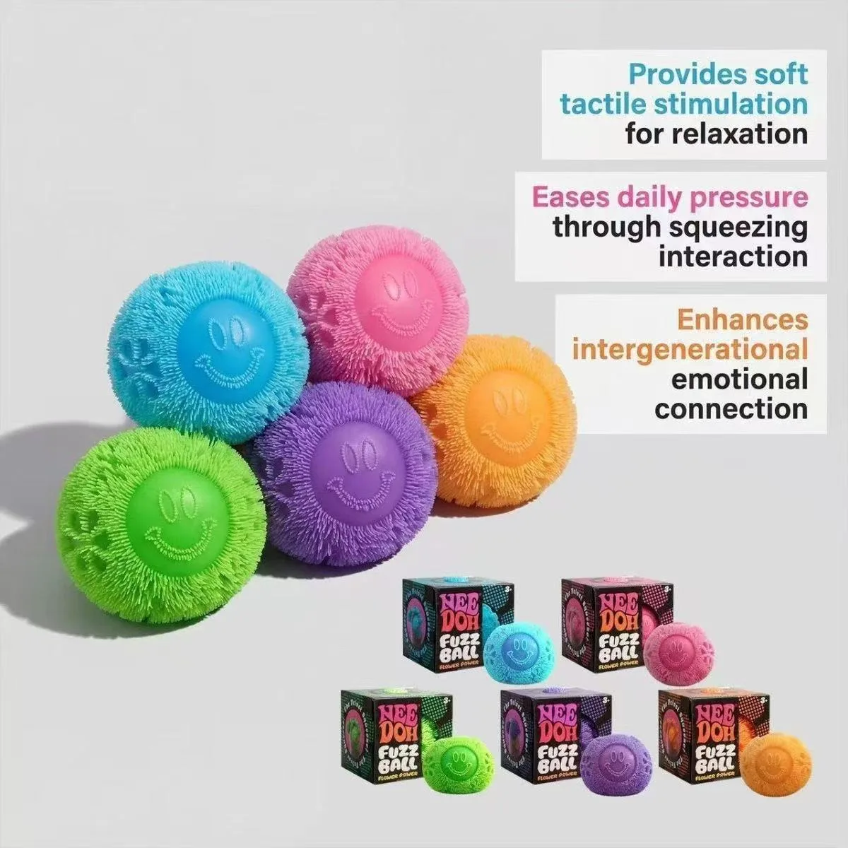 NeeDoh Fuzz Ball Squishy Toy Fuzzy Smiley Flower Stress Relief Ball