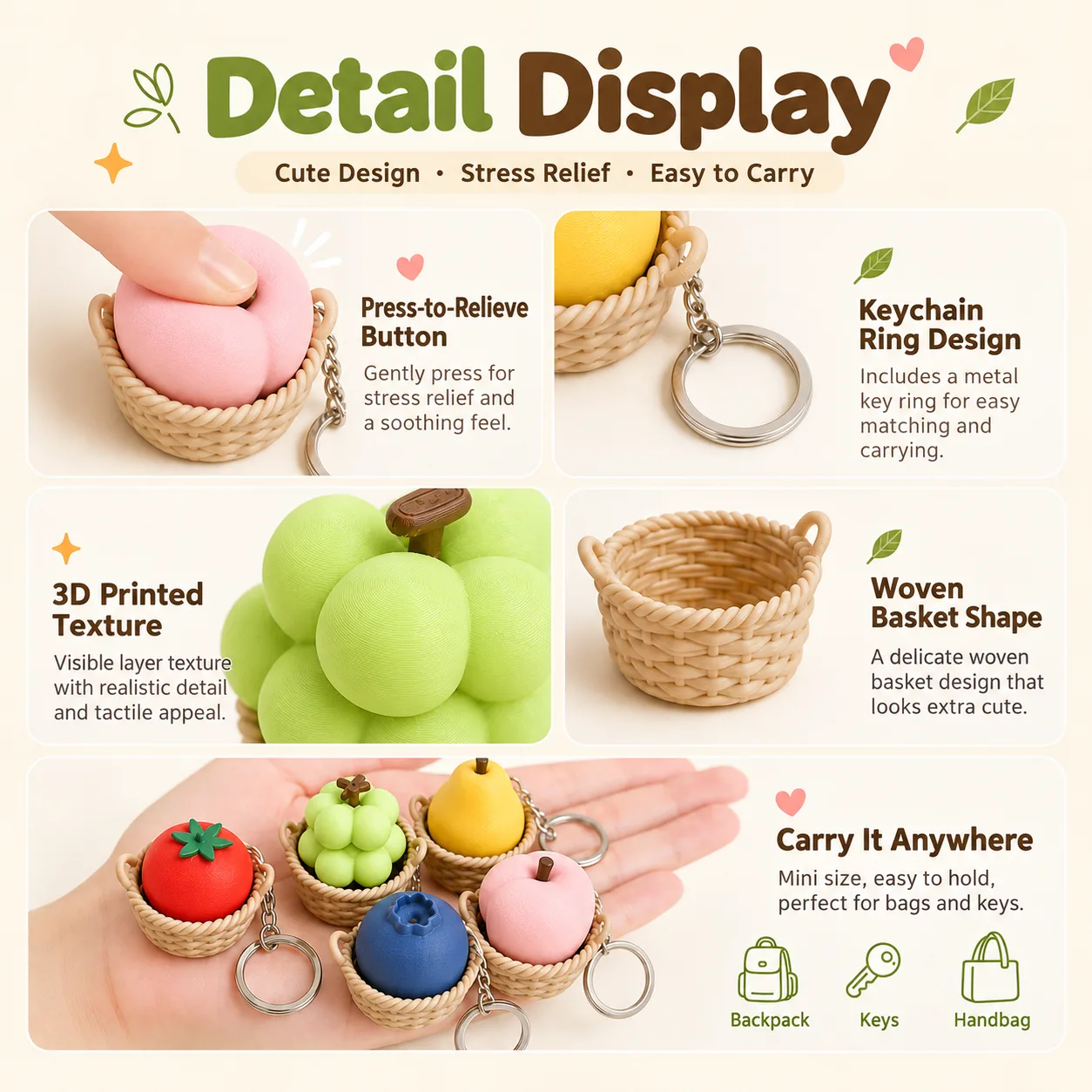 3D Printed Fruit & Veggie Clicker Keychain Squishy Toy Wholesale Squishy Toy 3