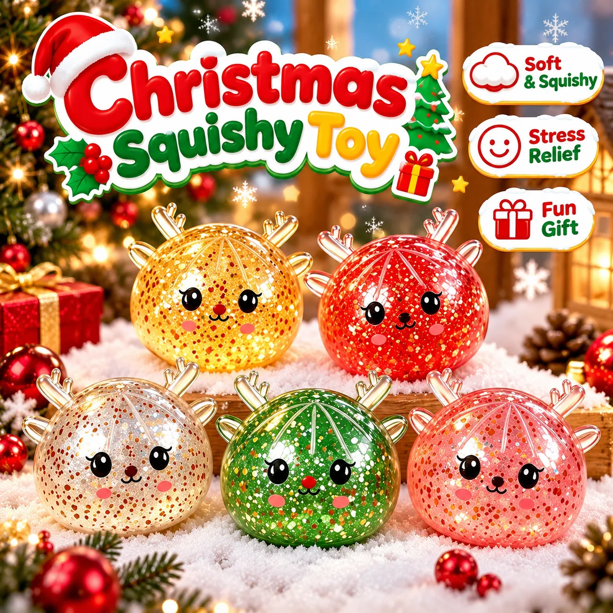 Christmas Reindeer Glitter Squishy Bun Stress Relief Toy Wholesale Squishy Toy 11