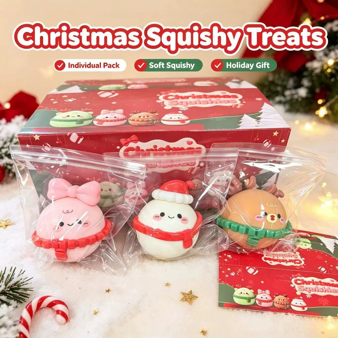 Christmas Mochi Squishy Toy Set Santa Bow Deer Reindeer Stress Relief Toy Wholesale Squishy Toy 6