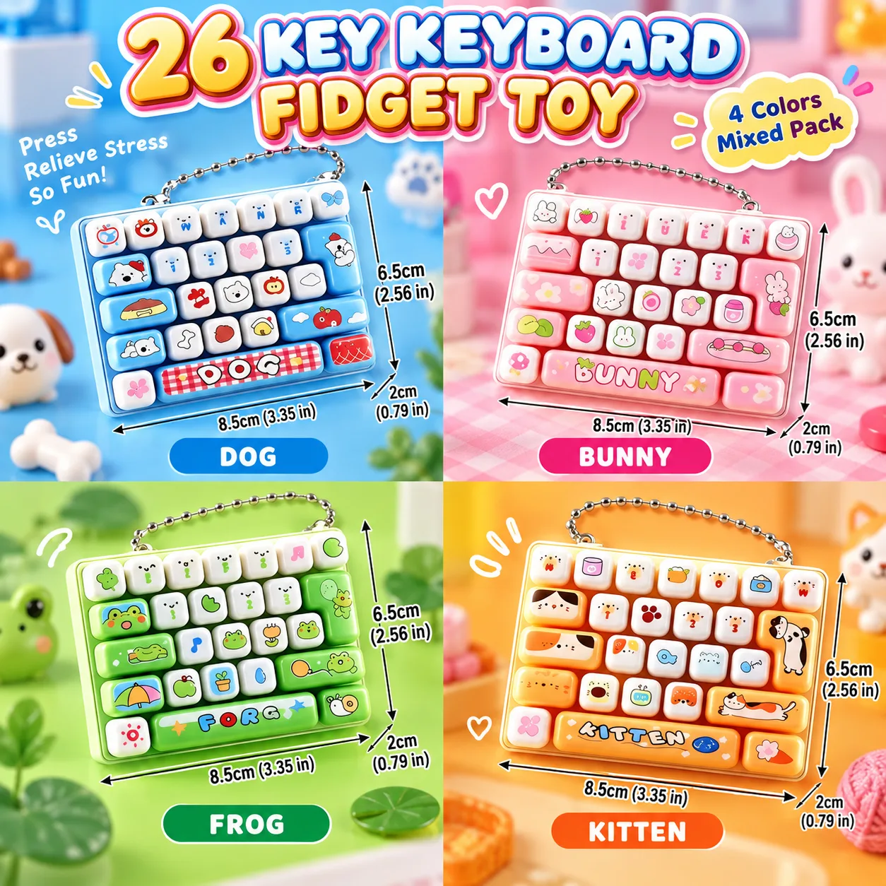 26-Key Keyboard Fidget Toy with Keychain - Animal Theme Mechanical Keyboard Stress Relief Keychain Wholesale Squishy Toy 6