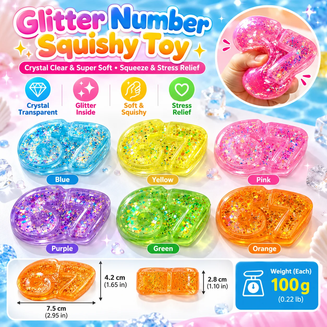 Glitter 67 Number Squishy Toy Soft TPR Stress Relief Toy Wholesale Squishy Toy 2