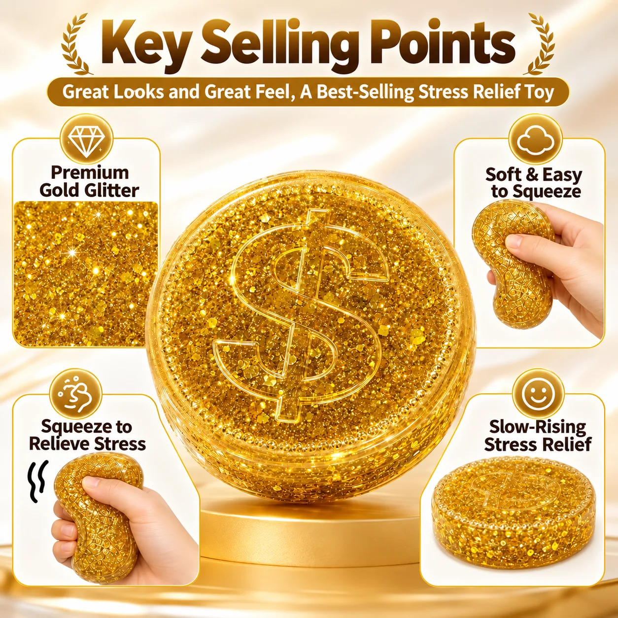 Gold Coin Glitter Squishy Toy Wholesale Squishy Toy 4