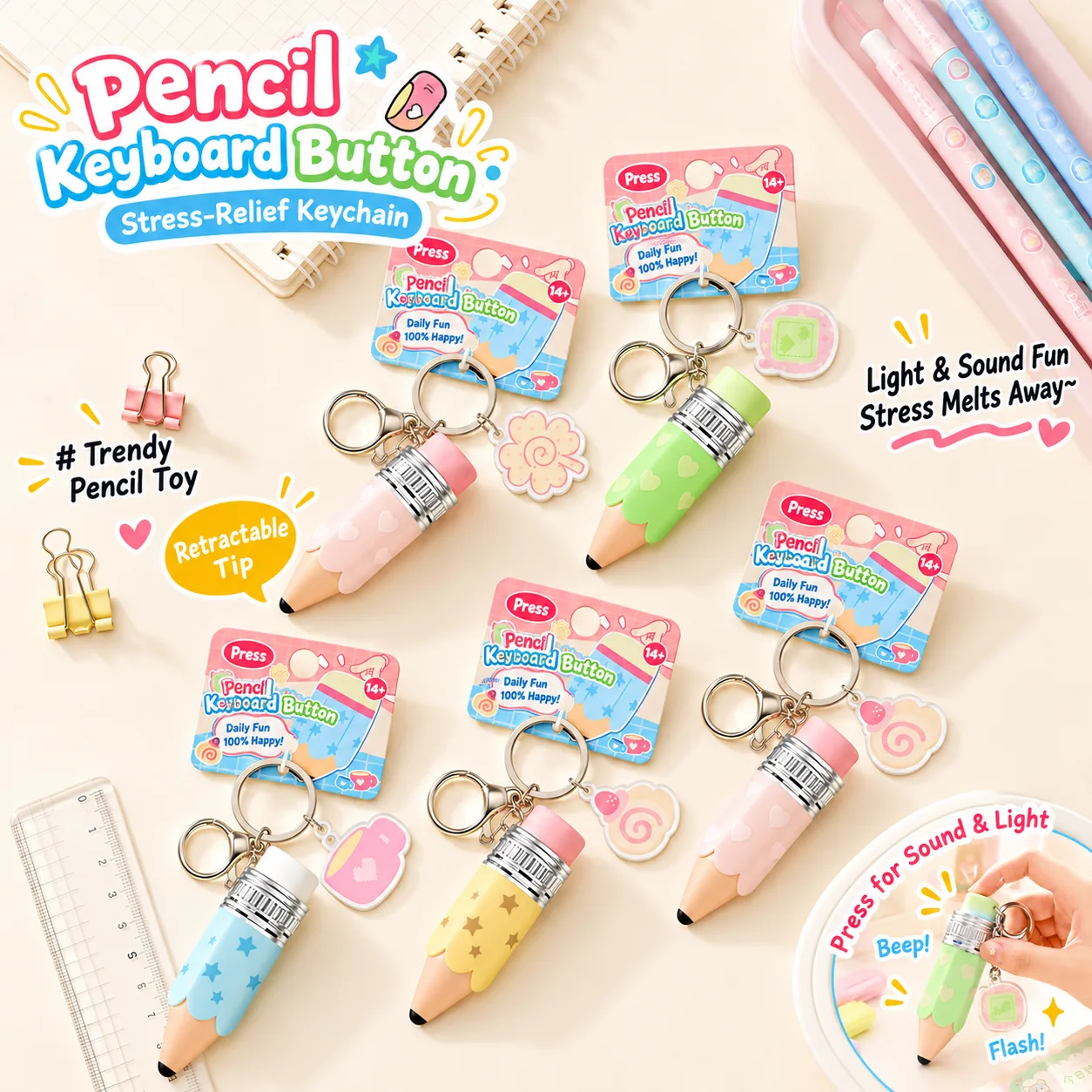 Pencil-Shaped Stress Relief Keychain with Light and Sound