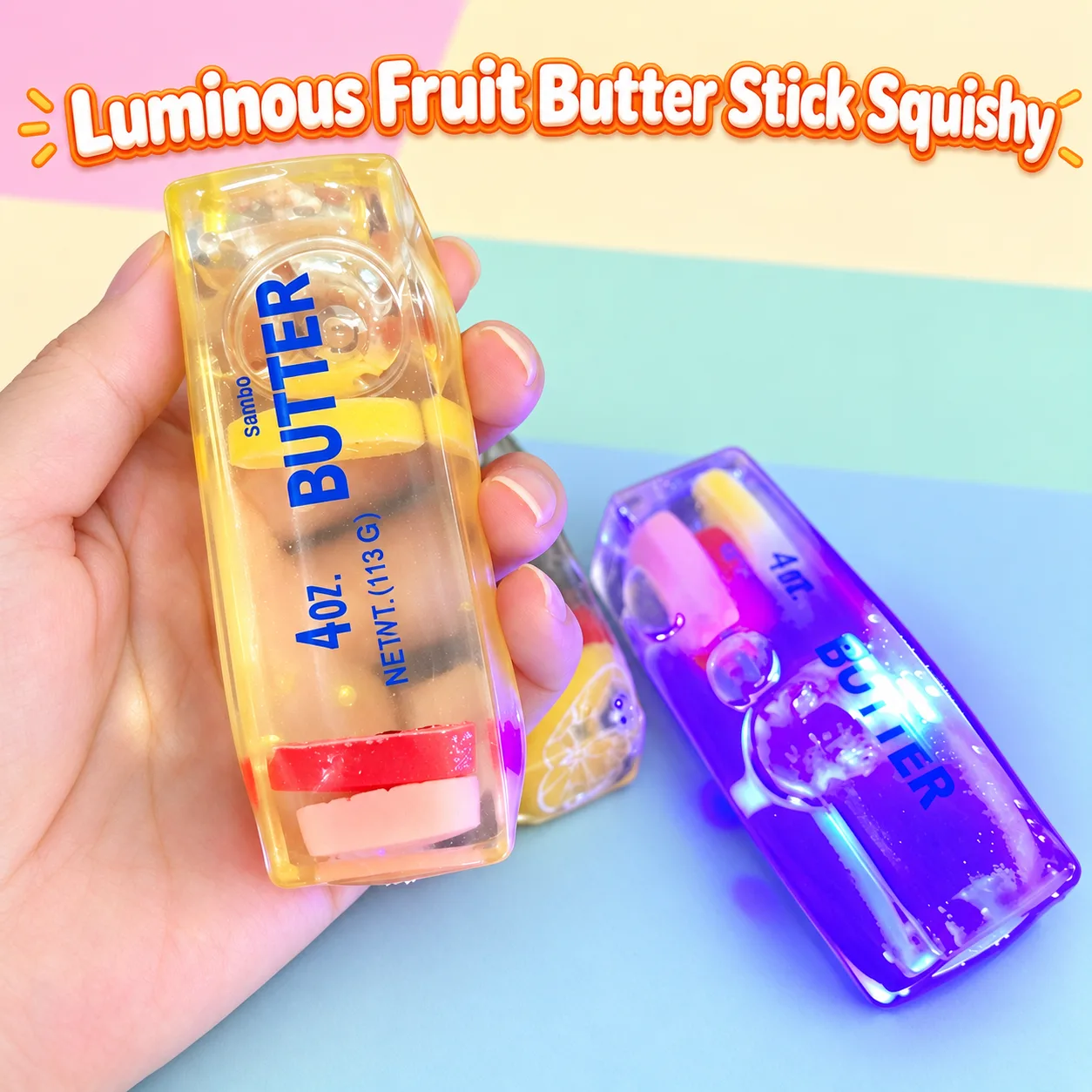 Light-Up Fruit Butter Stick Squishy Toy